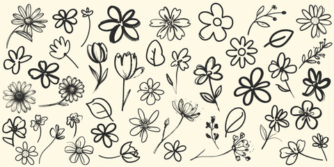 Fototapeta premium Hand drawn floral doodle border vector illustration with cute wild flowers, leaves and botanical elements in black outline line art style