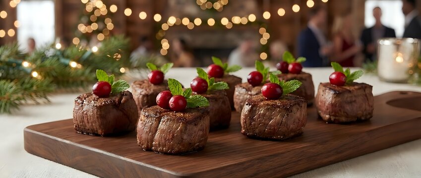 Chocolate Christmas desserts with cranberries and mint on wooden board with festive lights background for holiday baking and seasonal celebrations.