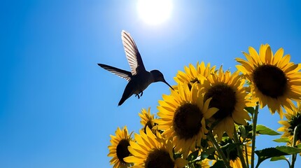 Obraz premium Hummingbird hovering near bright yellow sunflowers against clear blue sky with sun rays creating natural backlight for wildlife photography and nature themes.