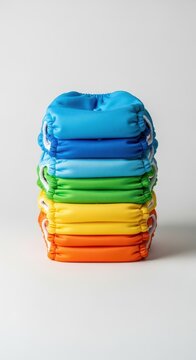 A neat pile of multicolored reusable cloth diapers sits ready for use, promoting sustainable and gentle infant care practices and supplies, diaper, environment, insert