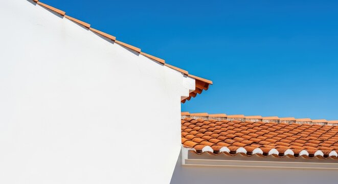 Charming architectural detail of a sunlit village structure featuring white plaster walls and classic terracotta roof tiles under clear blue sky, terracotta, residential, scene