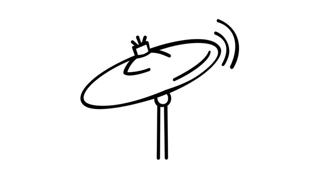 Minimalist black and white vector illustration of a vibrating drum cymbal on a stand, simple line art icon for music, percussion, and rhythm concepts, scalable AI-generated graphic design element.