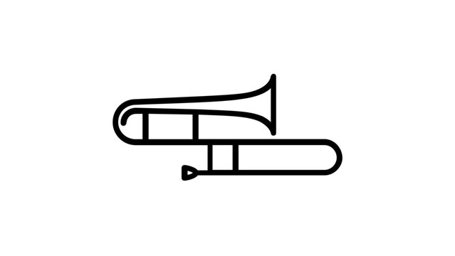 Minimalist trombone vector icon illustration, sleek black line art representation of a brass musical instrument for jazz, orchestra, and marching band designs, scalable flat graphic on white.