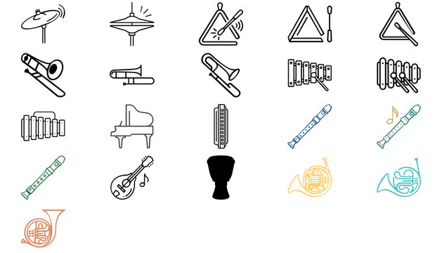 21 Music Instruments Mega Vector Icon Set Bundle: Minimalist Flat Line Art Collection Featuring Piano, Trombone, French Horn, Xylophone, Recorder, Djembe, Mandolin, and Percussion for Orchestra.