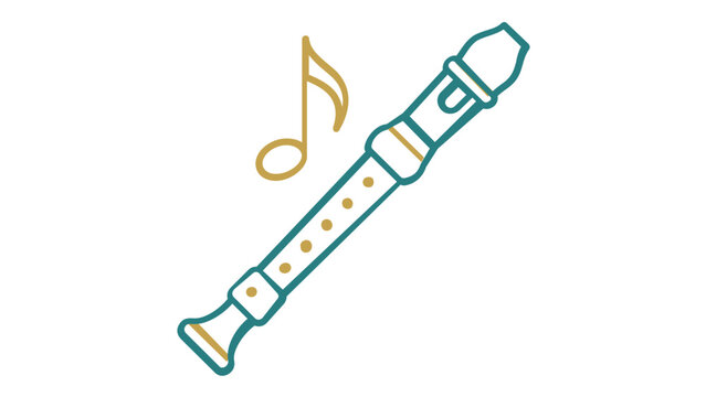 Minimalist vector icon illustration of a recorder flute with a musical note, featuring clean teal and gold lines. Scalable flat design perfect for music education, woodwind instrument graphics.