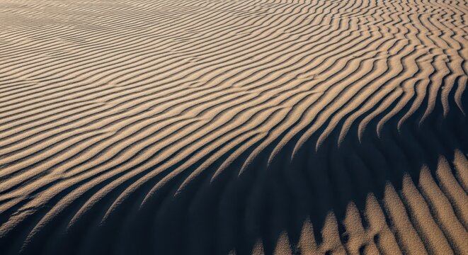 Dramatic high dynamic range image of fine wind-blown sand forming intricate textures and shadows across a vast, natural landscape surface, earthy, arid, enhanced