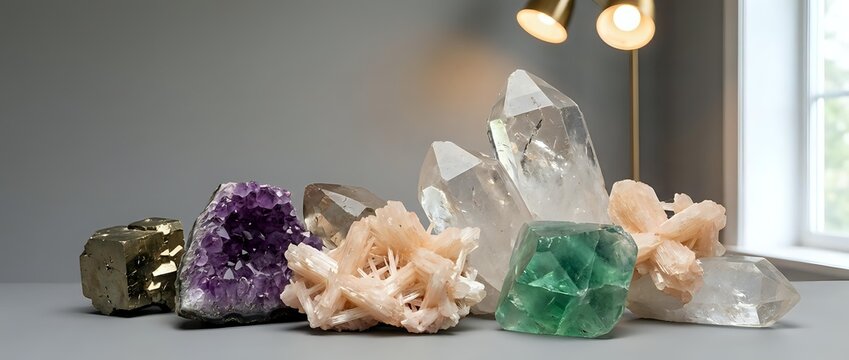 Collection of healing crystals and gemstones including amethyst, quartz, fluorite and pyrite arranged on white surface for spiritual wellness and meditation.
