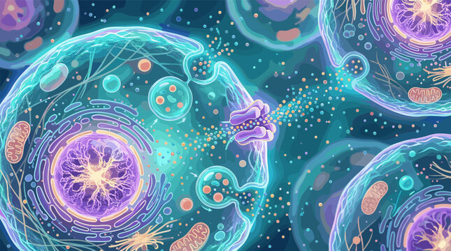 Detailed illustration showing animal cell anatomy with organelles like nucleus and mitochondria. Depicts exocytosis, perfect for science, education, and medical concepts.