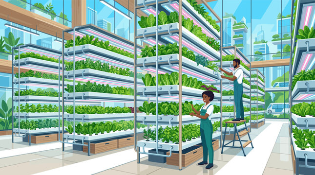 Illustration of diverse farmers in a futuristic vertical farm. Hydroponic racks with LED lights grow fresh produce. Concept for sustainability, urban agriculture, and food tech.
