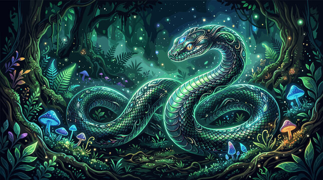 A radiant mythical snake coils in a magical night forest. Glowing mushrooms and fireflies create an enchanting, spiritual atmosphere. Perfect for fantasy, gaming, or mythology.