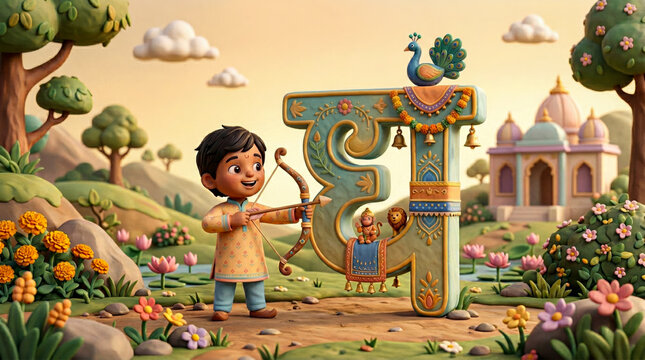 Colorful Hindi letter घ placed in a vibrant garden with children interacting. Ideal for Hindi learning visuals, storytelling, and early education content.