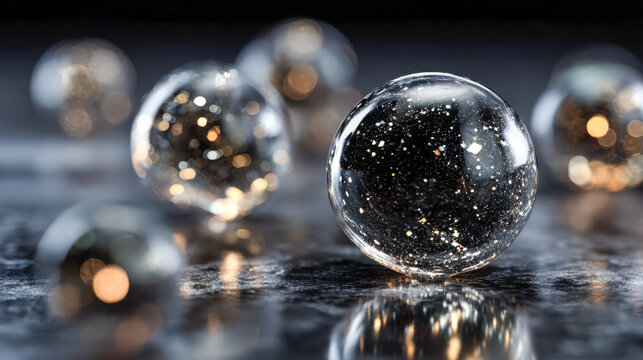Shiny transparent spheres scattered on reflective surface with sparkling light reflections creating a dreamy cosmic effect in soft focus background