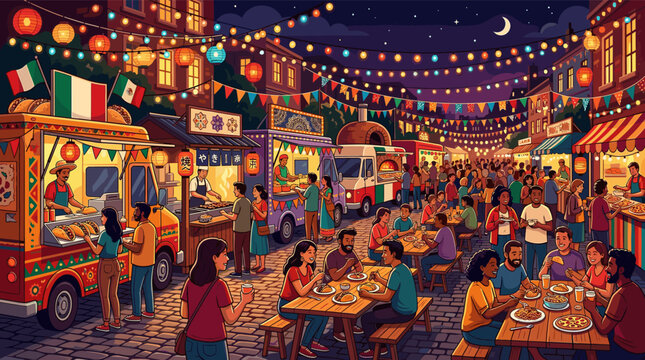 Vibrant illustration of a diverse crowd at a multicultural night food festival. People enjoy international cuisine from food trucks under festive lights. For community events.