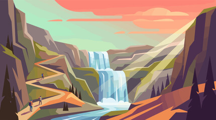 Naklejka premium Vector illustration of a mountain landscape with a waterfall and hikers. Inspiring scene for travel, adventure, and exploration concepts. Perfect for web banners and posters.