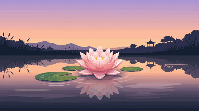 A tranquil vector illustration of a pink lotus flower on a calm pond at sunset. Serene Asian landscape with pagoda silhouette. Ideal for meditation, yoga, and wellness.
