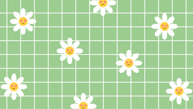 Daisy flower smile checkered pattern. Groovy tippy abstract grid with funky flowers wallpaper.