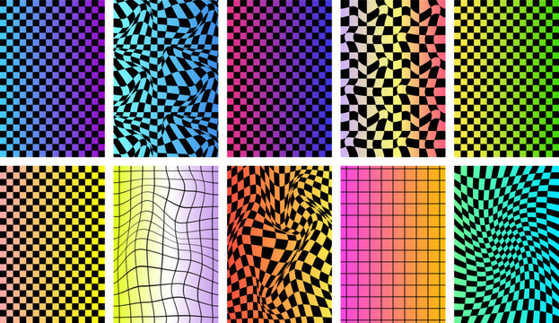 Psychedelic checkerboard wavy background big set. Groovy Y2k neon gradient checkered pattern collection