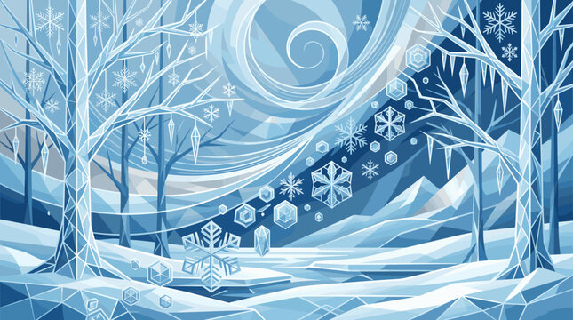 Stylized vector illustration of a magical winter wonderland. A frozen forest with geometric trees, icicles, and falling snowflakes under a swirling blue sky. For seasonal designs.