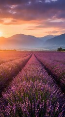 Obraz premium Lavender field rows stretching toward mountains at golden hour sunset with dramatic purple and orange sky creating peaceful agricultural landscape.