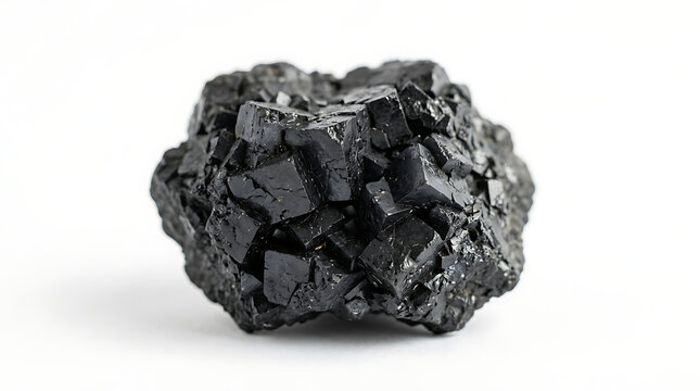 Close-up of a chunk of black, cubic galena mineral specimen on white background