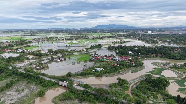 Aerial Labuh Banting Green Rice Fields Flooded Village Landscape