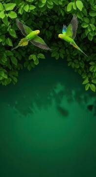 Bright green parakeets fly through the dense tropical rainforest canopy, showcasing exotic wildlife and natural biodiversity, ecosystem, flight, foliage