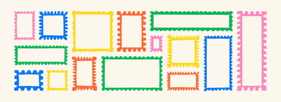 Set of crayon childish postage stamp frames. Hand drawn doodle childlike colorful funky scallop edge wavy borders. Square, rectangle shape kid photo, picture boarder. Quirky postcard background design