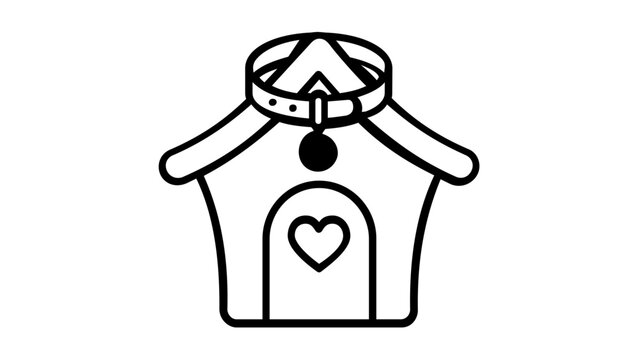 Minimalist vector icon illustration of a pet house or birdhouse featuring a decorative collar around the roof and a heart symbol on the door, perfect for animal care and pet shop branding.