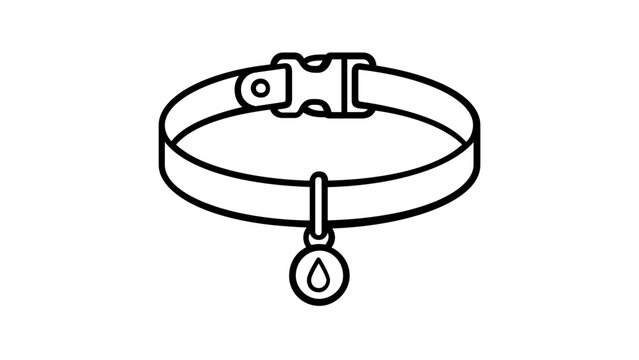 Pet collar vector icon illustration with buckle and identification tag for dog or cat grooming, animal care, and pet shop branding, featuring clean black line art on a white background.