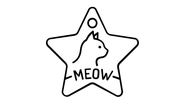 Minimalist star-shaped pet ID tag vector icon featuring a cat silhouette and meow text. Scalable black line art illustration for pet accessories, animal identification, and feline care branding.