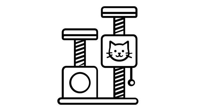 Minimalist Vector Illustration of a Cat Tree Scratching Post Icon for Pet Care Accessories, Featuring a Multi-Level Tower with a Cat House and Hanging Toy, Scalable Flat Line Art Design for Web.