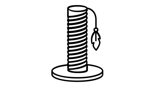 Minimalist vector icon illustration of a cat scratching post with a hanging feather toy, ideal for pet care, feline grooming, animal supply shop branding, and kitten play accessories, scalable.