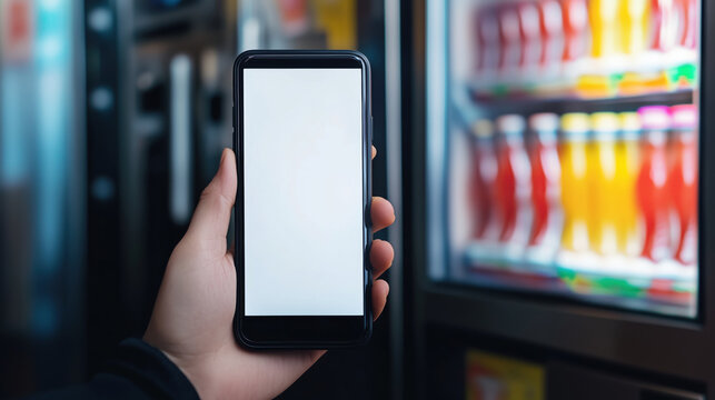 Smartphone display with vending machine blurred in background