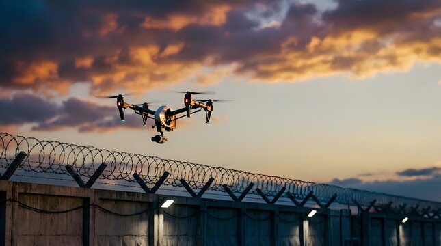 Surveillance drone flying over security fence with barbed wire at dramatic sunset sky for monitoring and protection operations.