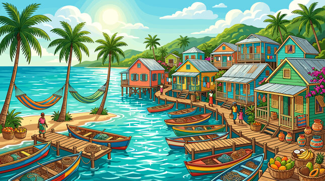 A colorful cartoon illustration of a bustling Caribbean fishing village. Features stilt houses, palm trees, and boats on turquoise water. Ideal for travel, tourism, or cultural themes.
