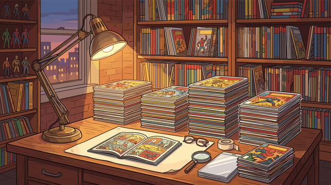 Cozy illustration of a comic book collector's desk at night. Stacks of comics, a warm lamp, and bookshelves create a nostalgic mood. Perfect for hobby and pop culture themes.