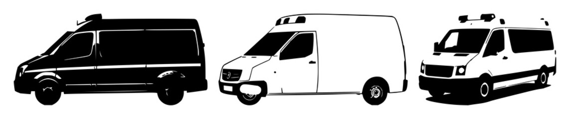 Ambulance set with black silhouette against white background featuring emergency, medical, rescue with transport and service © mdbakul