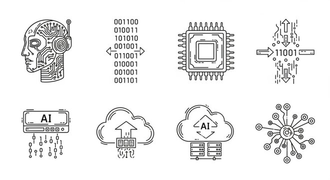A set of vector icons illustrating various concepts related to artificial intelligence and technology