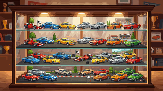 An illustration of a wooden display case filled with a collection of colorful vintage toy race cars. A concept for hobbies, passion, collecting, and automotive passion.