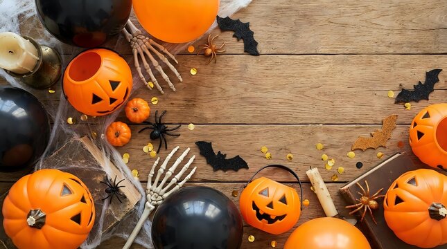 Halloween decorations with orange pumpkins, black balloons, skeleton hands and bat cutouts arranged on rustic wooden background for spooky party setup.