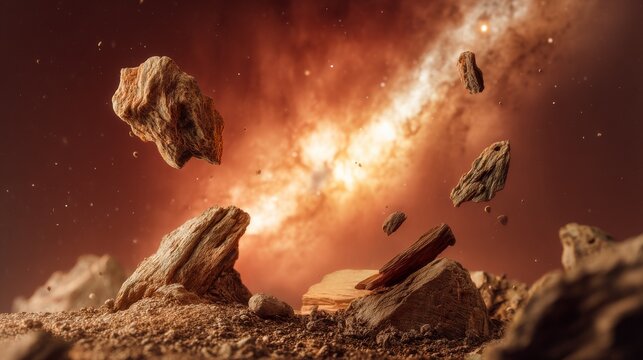 Asteroid field floating in space against a vibrant cosmic background.