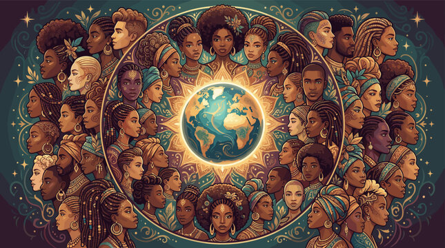 A beautiful illustration of diverse Black people in a circle around Earth. Symbolizes unity, culture, heritage, and global community. Ideal for Black History Month or diversity themes.