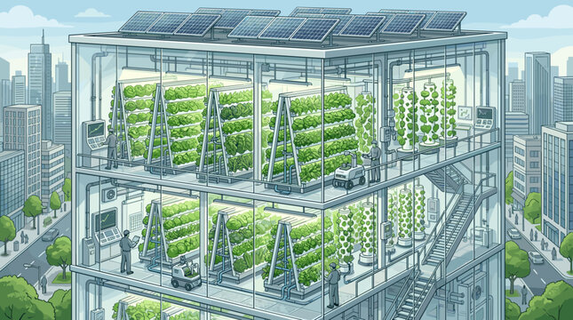 Illustration of a futuristic vertical farm in a smart city. Automated hydroponic systems, solar power, and robots show sustainable urban agriculture and future food technology.