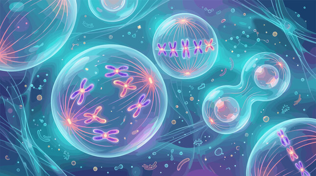 A colorful vector illustration of cell division stages. Shows mitosis, chromosomes, and cytokinesis. Ideal for science, education, biology, and medical concepts.