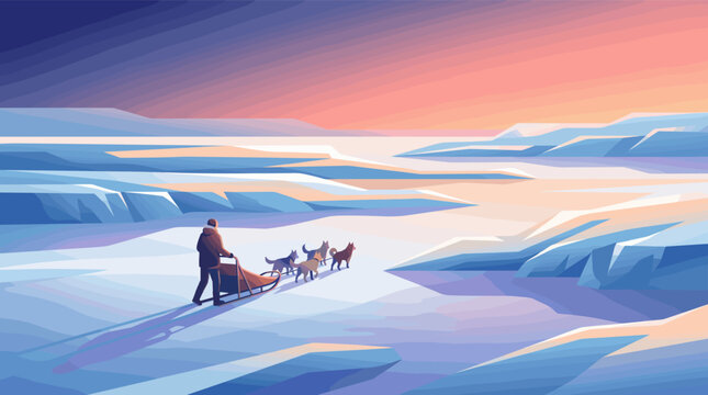 Vector illustration of a musher and husky team dog sledding across a vast arctic landscape at sunrise. A concept of adventure, exploration, travel, and perseverance.