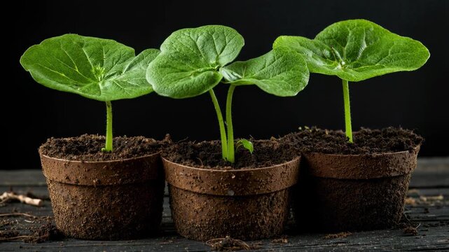 Time-lapse of three green seedlings growing in biodegradable pots. Close-up of leaves of young plants in dark soil. Agriculture, gardening, growth and new life concept