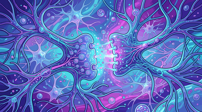 A vibrant illustration of a neural synapse showing communication between neurons. Ideal for science, technology, AI, and healthcare concepts. Abstract, colorful, and futuristic.