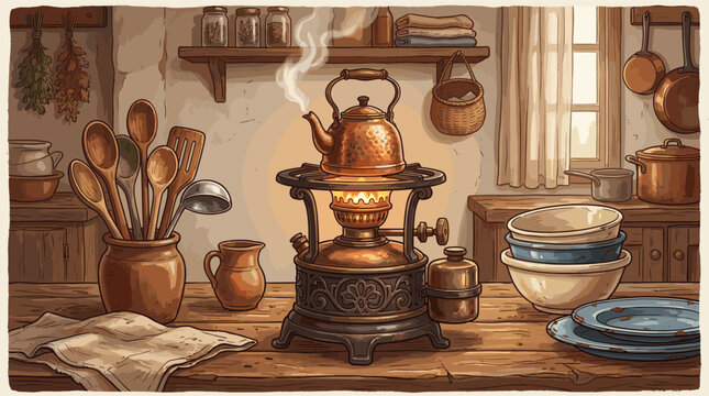 A warm, cozy illustration of a rustic kitchen. A steaming copper kettle sits on a vintage kerosene stove, creating a nostalgic, comforting mood. Perfect for historical themes.