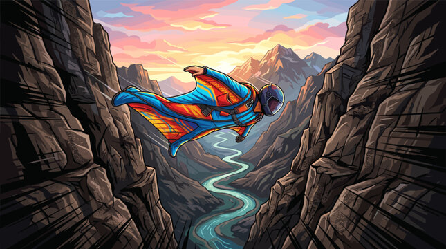 Dynamic illustration of a wingsuit flyer soaring through a majestic mountain canyon at sunset. A concept of freedom, adventure, and extreme sports. Vector art.