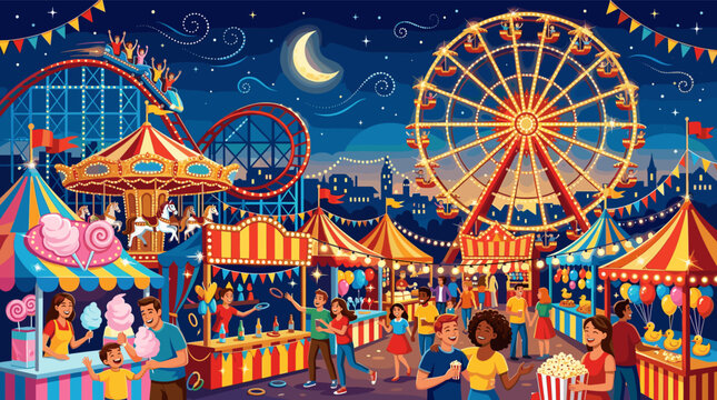 Vibrant illustration of a bustling amusement park at night. Happy people enjoy rides, games, and food under a starry sky. Perfect for festival, family, or event concepts.